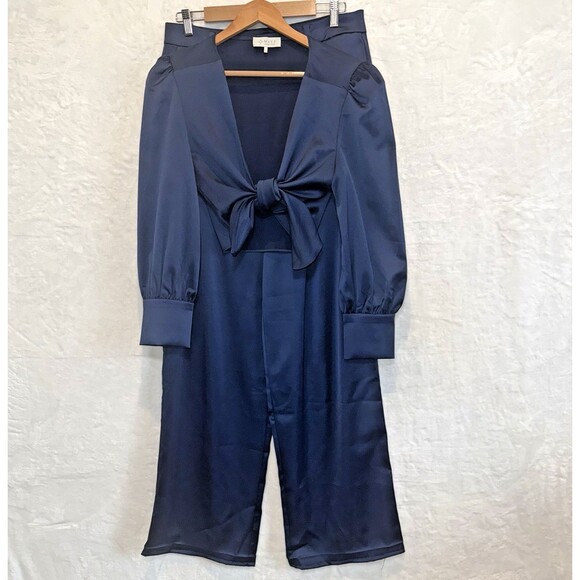 WAYF Pantsuit 2 Piece Satin Crop Tie Top Wide Leg Pants Navy Blue Large - Picture 1 of 14